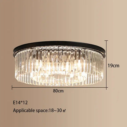 Modern gold crystal led ceiling chandelier featuring a circular black metal frame with faceted glass rods and 12 e14 bulbs