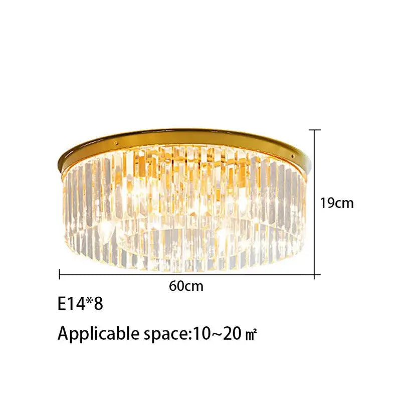 Modern gold crystal led ceiling chandelier with clear crystal prisms arranged in a circular pattern for living room decor