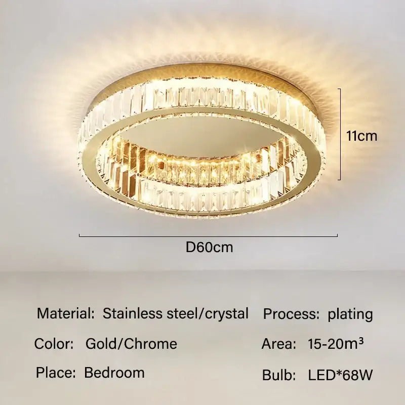 Modern gold-plated ceiling chandelier with two concentric faceted crystal rings for living room lighting decorbites crystal led