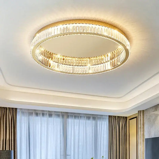 Modern gold crystal led ceiling chandelier featuring two concentric rings of faceted crystals for living room decorbites lighting