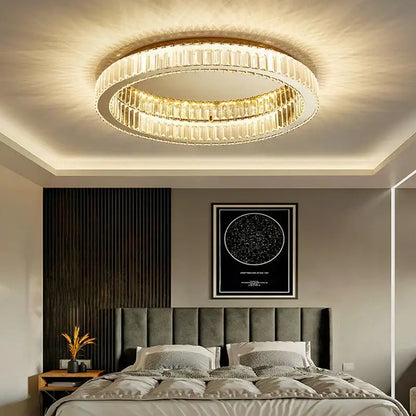 Modern gold crystal led ceiling chandelier featuring two concentric rings of clear crystals for living room lighting decorbites crystal led