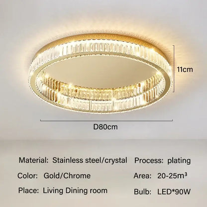Modern gold crystal led ceiling chandelier with two concentric rings of faceted crystal for living room lighting