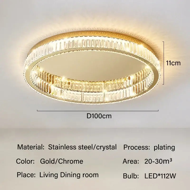 Modern gold crystal led ceiling chandelier with faceted crystal rings and stainless steel for living room decorbites ceiling chandelier