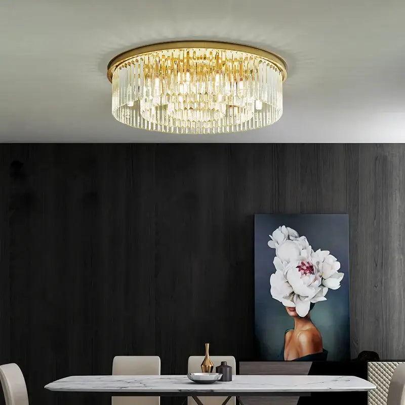Modern gold crystal led ceiling chandelier with gold-toned circular fixture and cascading clear crystal strands for living room decorbites crystal led ceiling