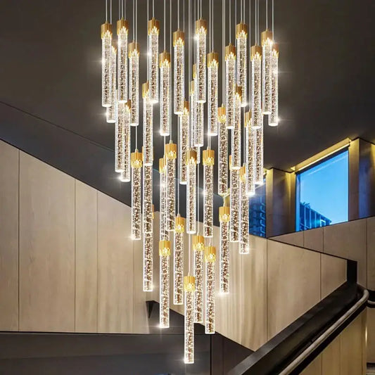 Modern gold crystal led ceiling chandelier with vertical glass tubes and sparkling crystals for luxury dining decorbites crystal led