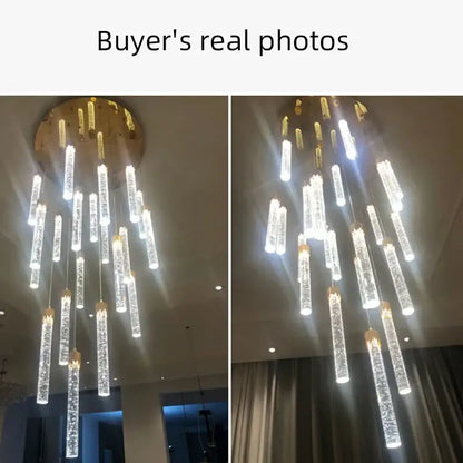 Modern gold crystal led ceiling chandelier with clear cylindrical glass rods for luxury dining room decorbites crystal led