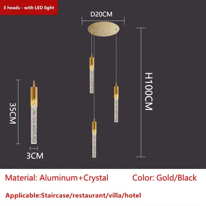 Modern gold crystal led ceiling chandelier with three-head design in aluminum and crystal for luxury dining room decorbites crystal led