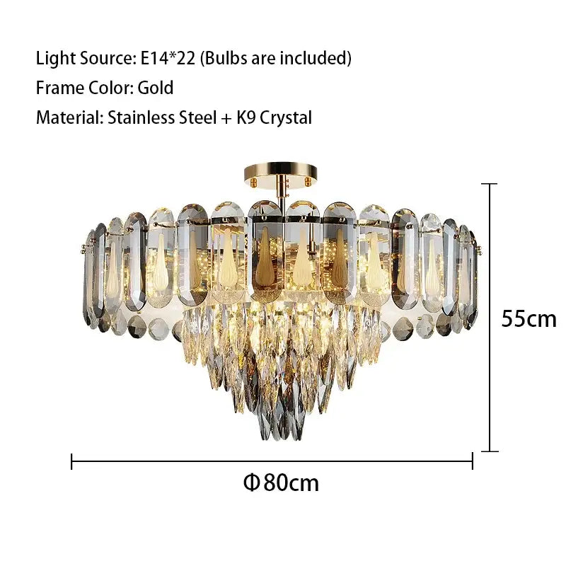 Modern gold crystal led ceiling chandelier with 22 e14 bulbs featuring k9 crystal and stainless steel decorbites crystal led