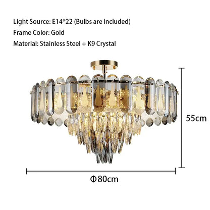 Modern gold crystal led ceiling chandelier with 22 e14 bulbs featuring k9 crystal and stainless steel decorbites crystal led