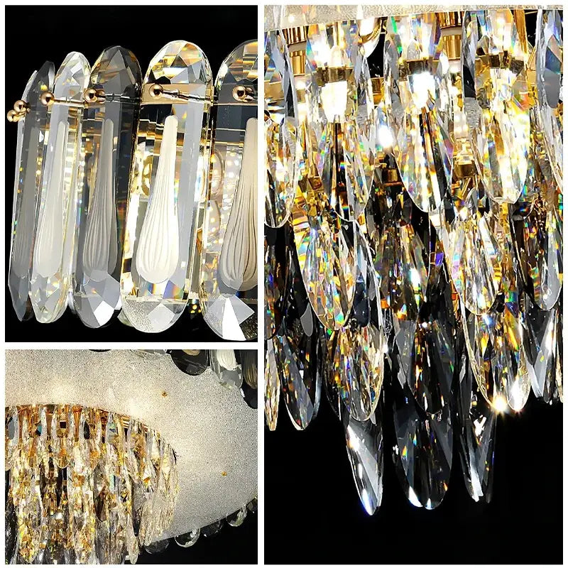 Modern gold crystal led ceiling chandelier featuring cascading teardrop crystals and gold-toned decorbites crystal led accents