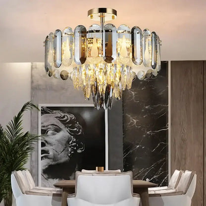 Modern gold crystal led ceiling chandelier with cascading clear and amber droplets and mirrored glass panels for living room decorbites crystal led
