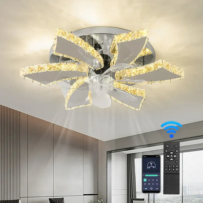 Modern gold decorbites crystal led ceiling fan with leaf-shaped glass blades and central fan motor for living room decor