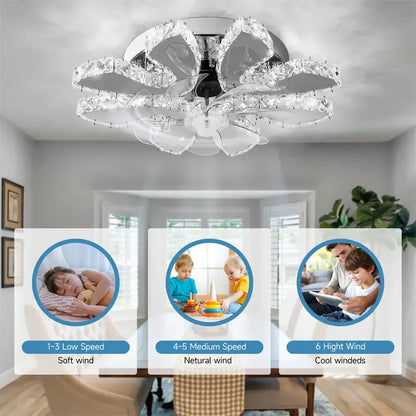 Modern gold crystal led ceiling fan with flower-shaped crystal design and chrome accents for living room decorbites crystal led ceiling