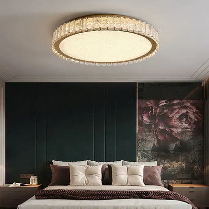 Modern gold crystal led ceiling light with gold-toned frame and clear crystal accents perfect for bedroom decorbites crystal led