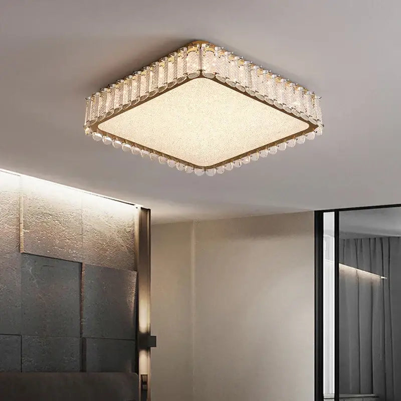 Square crystal chandelier with gold-toned frame and frosted glass center for modern crystal led ceiling lights decorbites crystal led