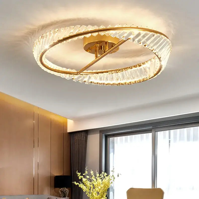 Modern gold crystal led chandelier ceiling light featuring two concentric rings of faceted crystal accents for living room decor