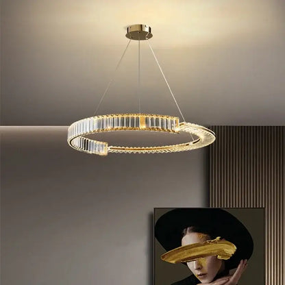 Modern gold crystal led chandelier with circular metal frame and rectangular accents for dining room decorbites crystal led