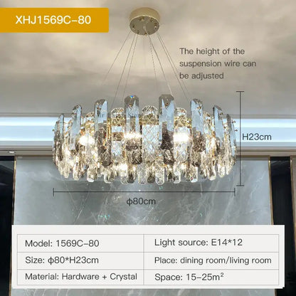 Modern gold crystal led chandelier featuring faceted crystal elements and metallic hardware for dining room decorbites crystal led