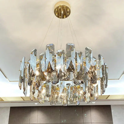 Modern gold crystal led chandelier with faceted glass pieces by decorbites for dining room decor