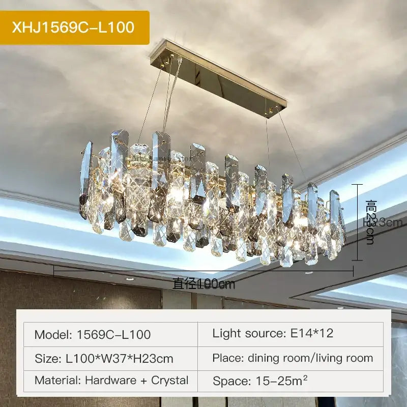 Modern gold crystal led chandelier with polished metal frame and faceted prisms for dining room by decorbites crystal led