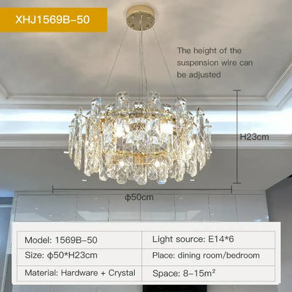 Modern gold crystal led chandelier with cascading crystal prisms by decorbites for dining room or bedroom decor