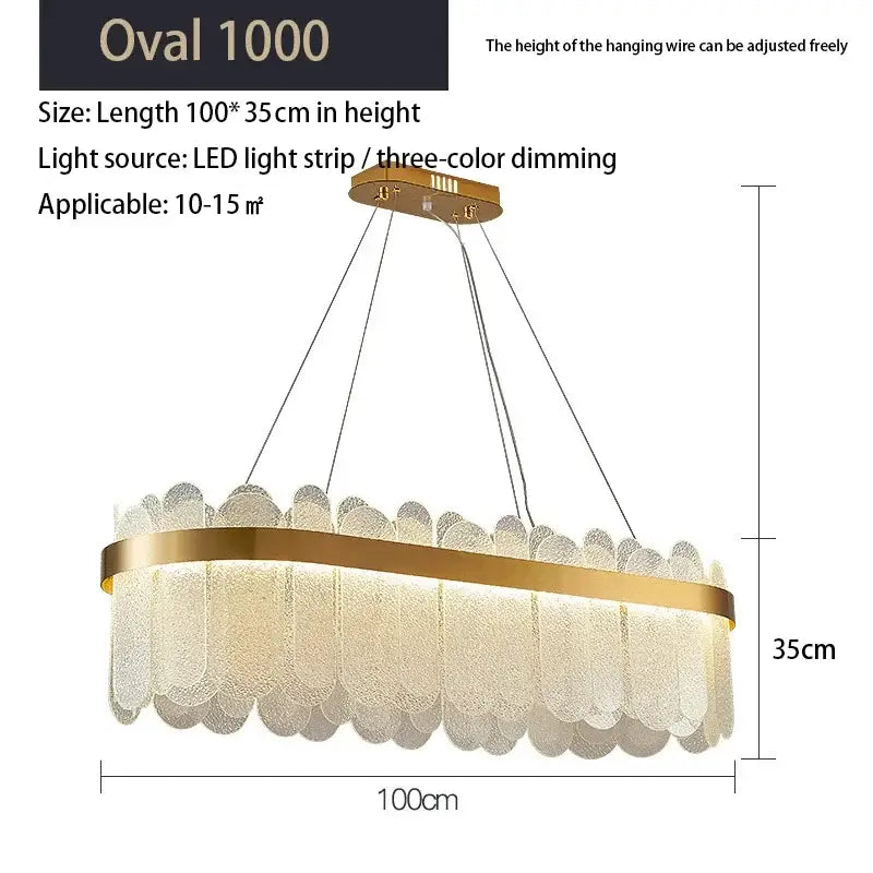 Oval 1000 pendant light with gold-toned frame and frosted glass panels in decorbites crystal led chandelier style