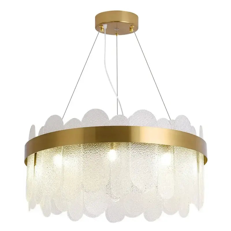 Modern gold crystal led chandelier with frosted glass leaf-shaped shades and textured translucent finish by decorbites crystal led