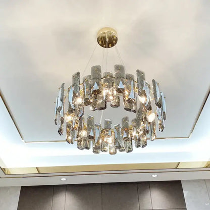 Modern gold crystal led chandelier with cascading faceted crystals for elegant living room decorbites crystal led light