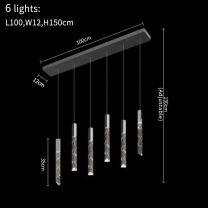 Modern gold crystal led chandelier with six adjustable black glass cylinders featuring swirling patterns by decorbites crystal led