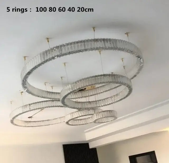 Modern gold crystal led chandelier rings with five concentric clear crystal prisms for villa staircase decorbites crystal led