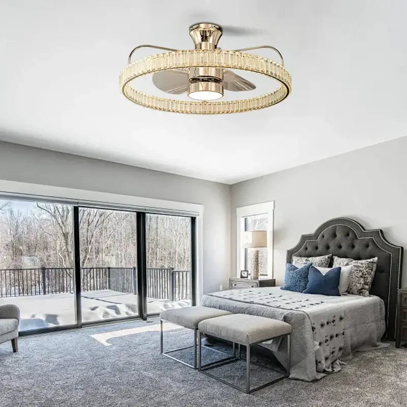 Modern gold crystal led fan light with crystal encrusted ring and integrated light fixture for bedroom decorbites crystal led