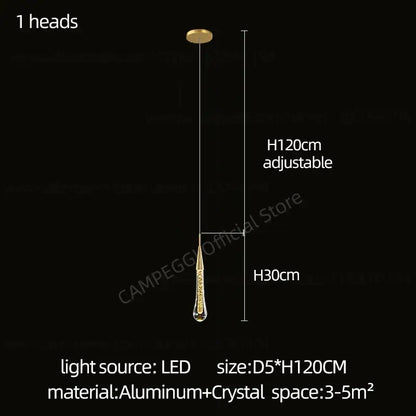 Modern gold crystal led pendant chandelier with a teardrop crystal body and adjustable aluminum suspension chain decorbites crystal led