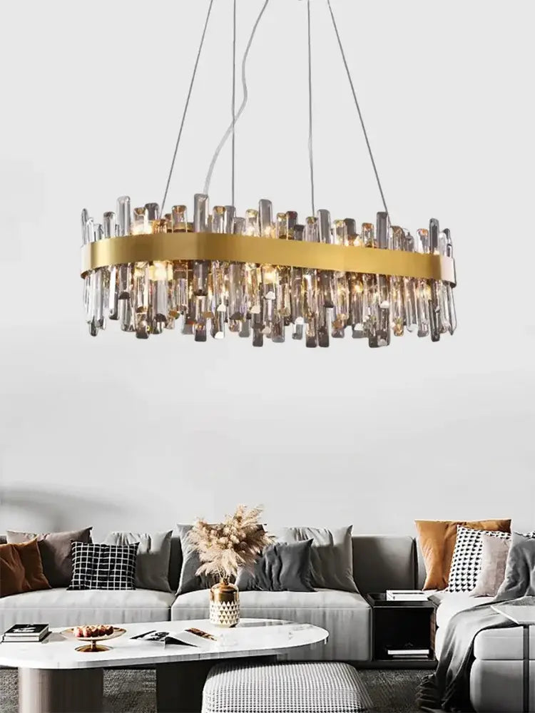 Modern gold crystal led pendant light with circular frame and hanging crystal glass tubes for dining room decorbites crystal led