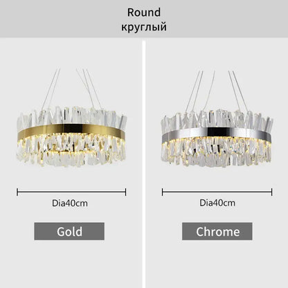 Modern gold crystal led pendant light featuring gold and chrome round frames with cascading clear crystal shards decorbites crystal led pendant