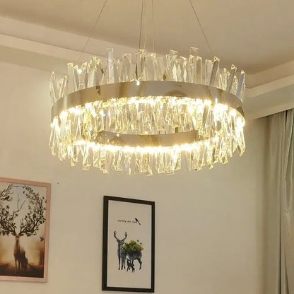 Modern gold crystal led pendant light with circular metallic frame and cascading prisms for kitchen decorbites crystal led decor