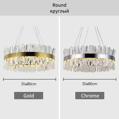 Modern gold crystal led pendant light with elegant round chandeliers featuring cascading clear crystal shards in gold or chrome finish