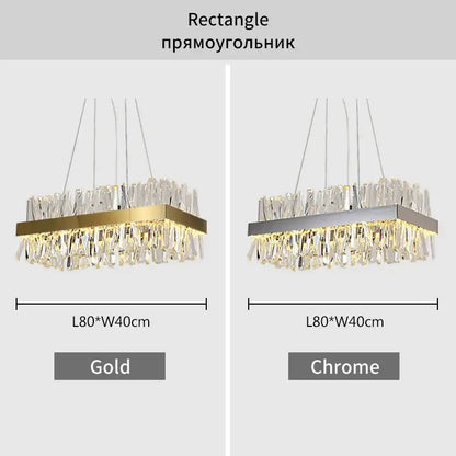 Modern gold crystal led pendant light kitchen chandelier with a rectangular gold frame and cascading clear crystal droplets