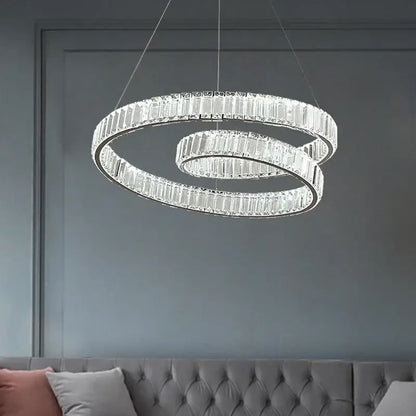 Modern gold crystal led pendant lights featuring a double-ring chandelier with clear faceted crystal decorbites crystal led elements