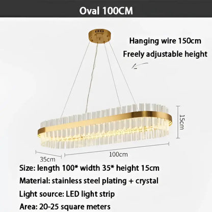 Modern gold crystal led ring chandelier with a gold-toned oval frame and crystal led decorbites accents for dining room decor