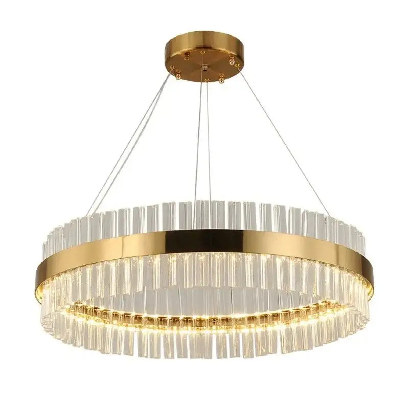 Modern gold crystal led ring chandelier with clear glass rods and sleek metallic frame for dining room decorbites crystal led
