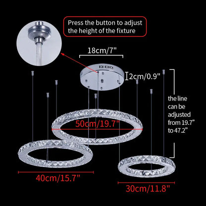 Adjustable height modern gold crystal led ring chandelier with three illuminated tiers for living room decorbites crystal led