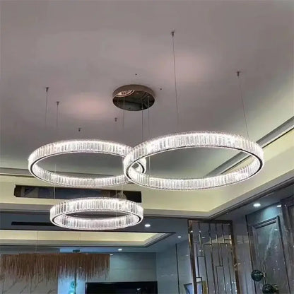 Modern gold crystal led ring chandelier with three interlocking clear crystal encrusted rings for stairwell decorbites crystal led