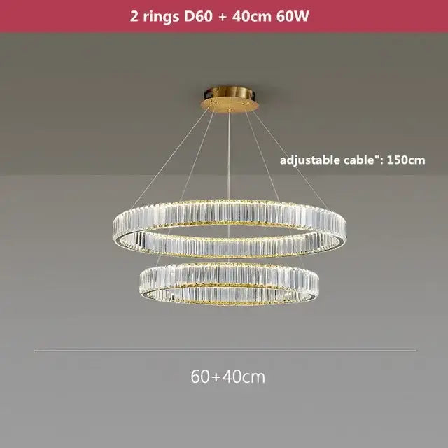 Modern gold crystal led ring chandelier with two concentric rings of clear rods illuminated by 60w led lights