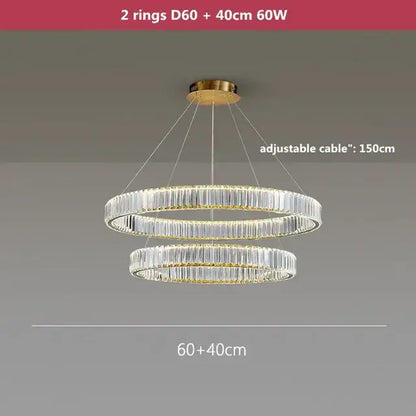 Modern gold crystal led ring chandelier with two concentric rings of clear rods illuminated by 60w led lights