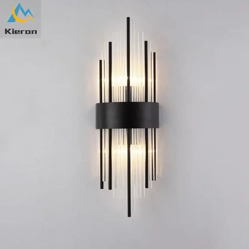 Black metal and clear glass decorbites crystal led wall lamp with vertical rods and geometric design for bedroom decor