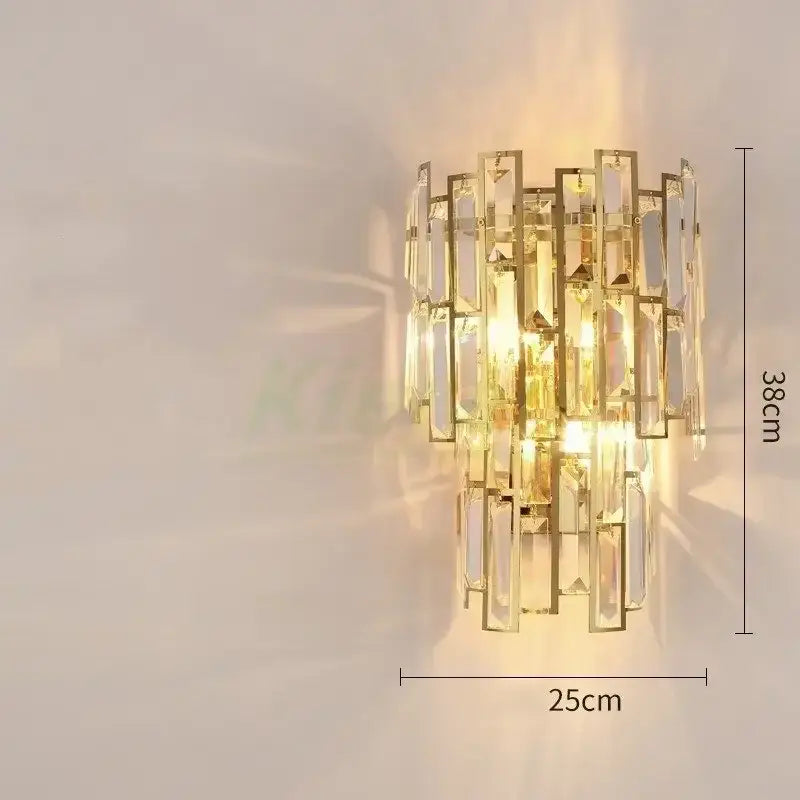 Modern gold crystal led wall lamp with cascading rectangular crystal prisms for elegant bedroom decorbites crystal led