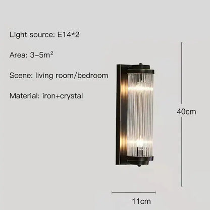 Modern gold crystal led wall lamp with dark iron frame and vertical rods for bedroom decorbites crystal led wall lighting