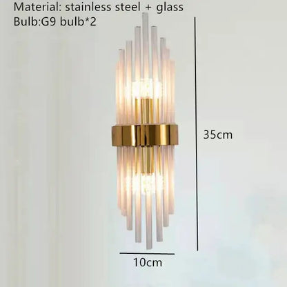 Modern gold crystal led wall lamp with vertical translucent glass rods and polished gold stainless steel accents decorbites crystal led