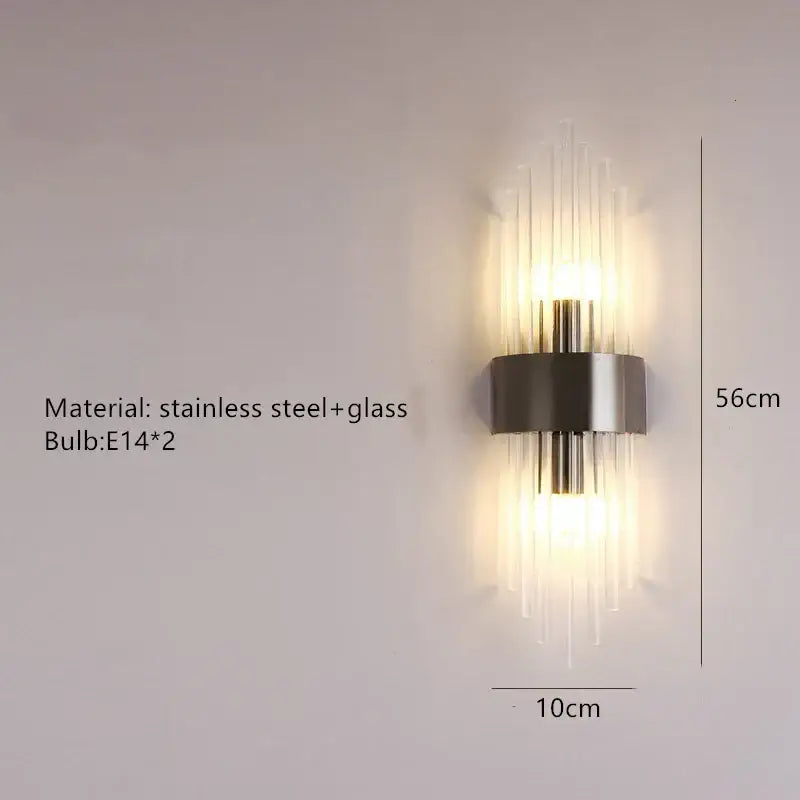 Modern gold crystal led wall lamp with sleek stainless steel frame and vertical glass rods for ambient decorbites crystal led lighting
