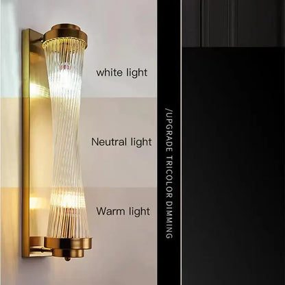 Modern gold crystal led wall lamp with cascading glass shade and three lighting modes for bedroom decorbites crystal led wall